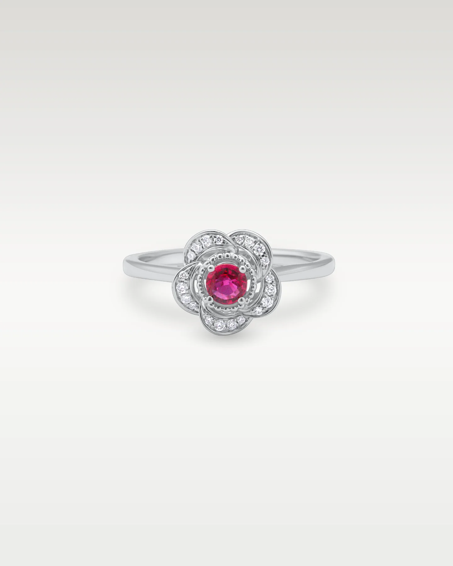 14k White Gold Ruby and Diamond Flower Ring - Image 3
