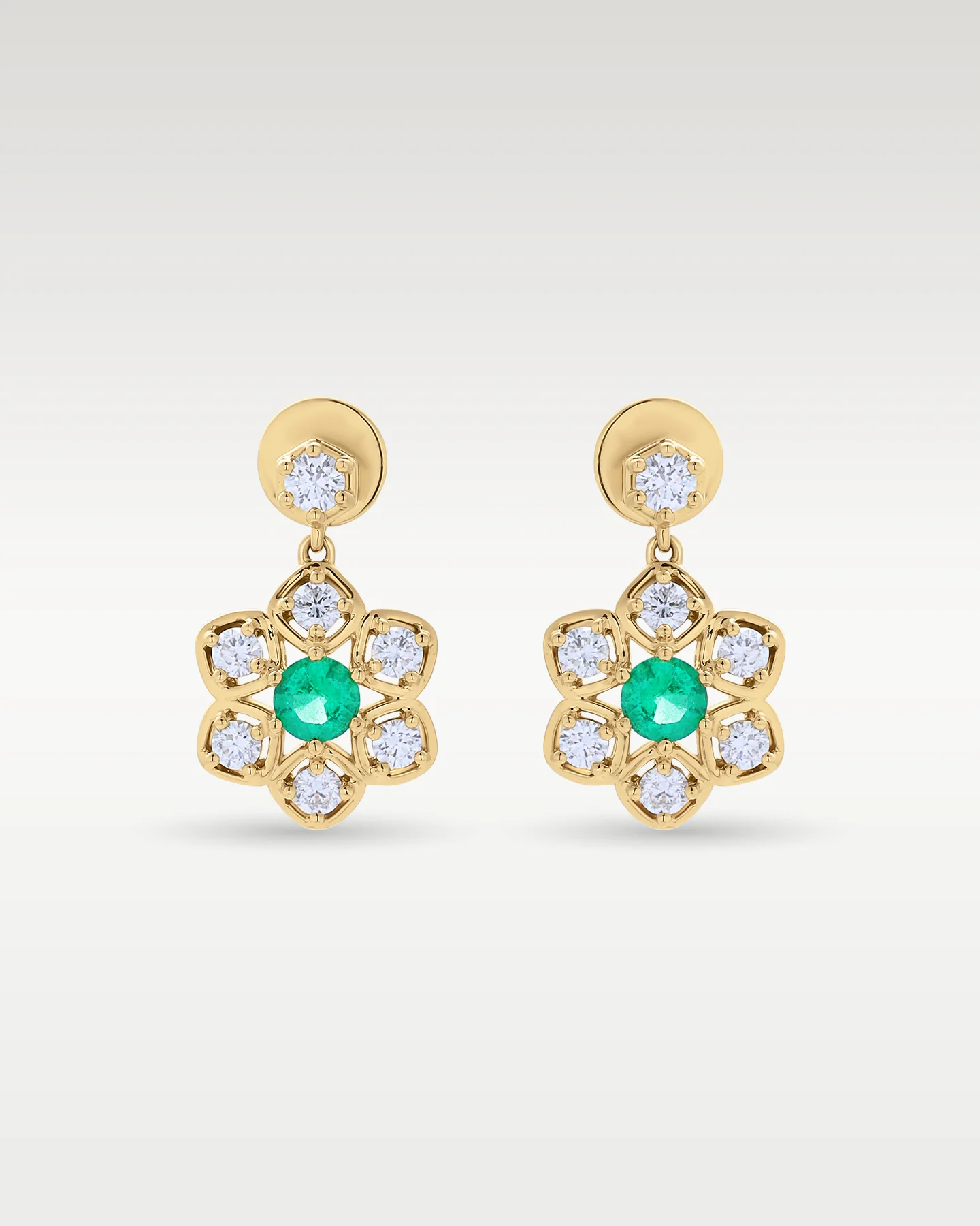 18K Yellow Gold Green Emerald & Diamond Flower Earrings - Image 2