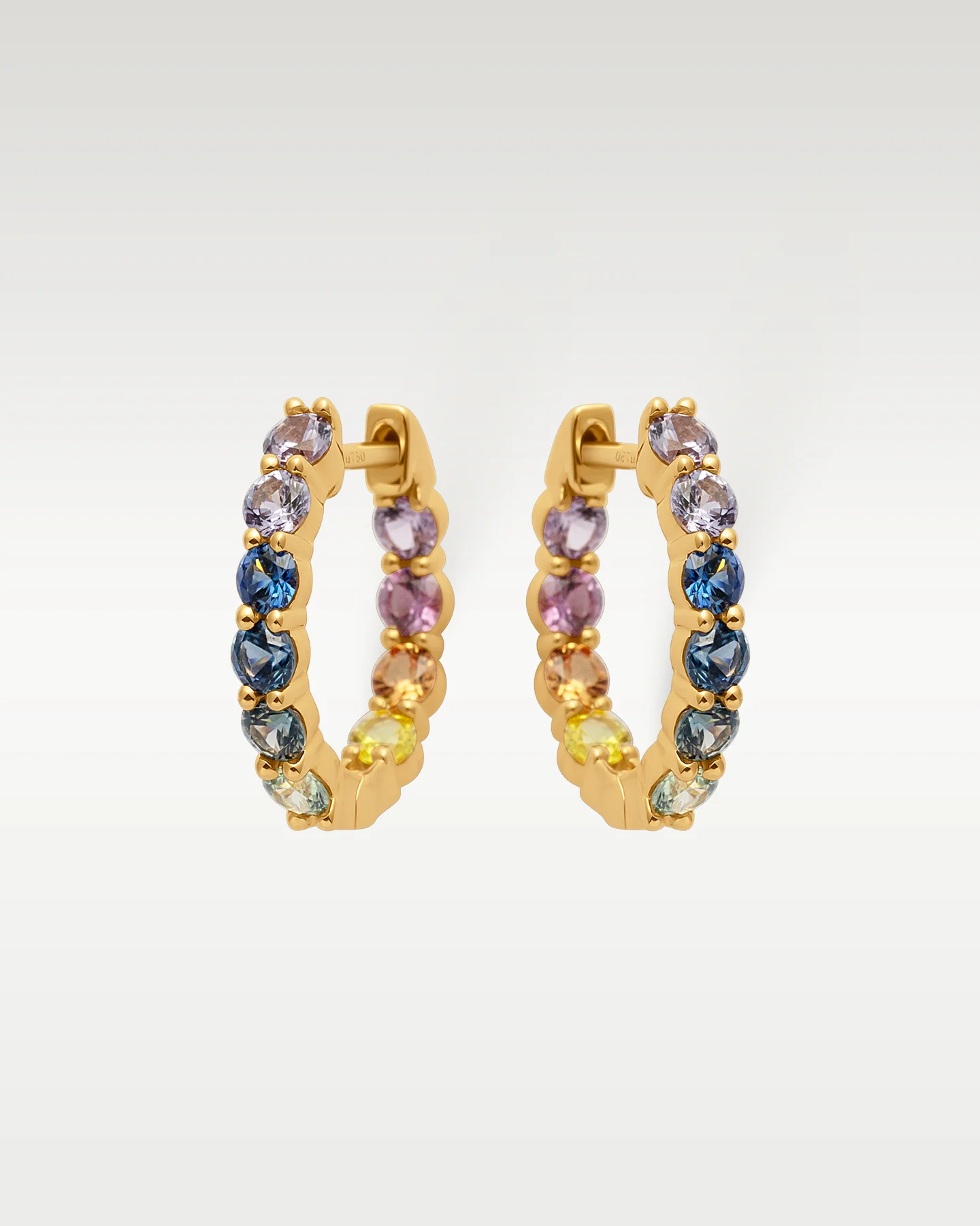 18k Yellow Gold Rainbow Sapphire Huggie Hoops - Image 2