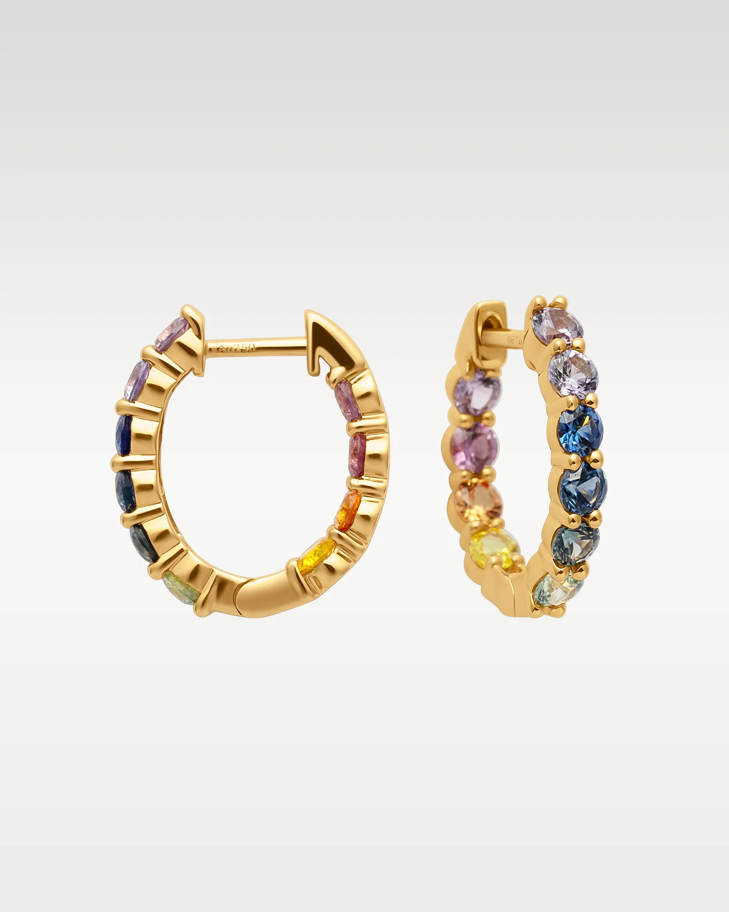 18k Yellow Gold Rainbow Sapphire Huggie Hoops - Image 3